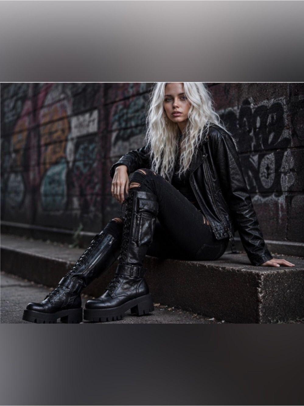 Black Knee High Platform Combat Boots With Cargo Pockets - Picture 2 of 9
